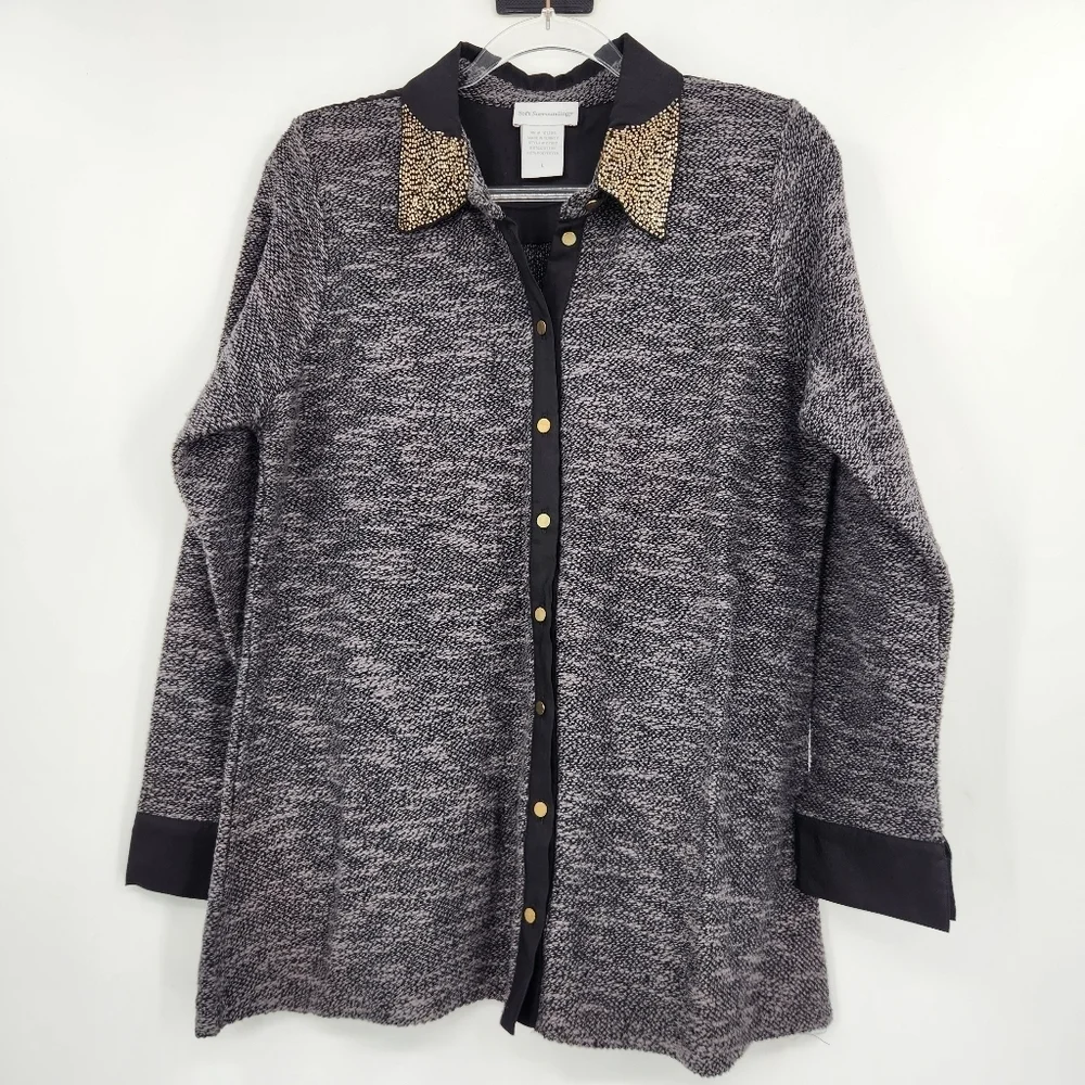 Soft Surroundings Button Front Marled Sweater Womens Size Large Gray Beaded